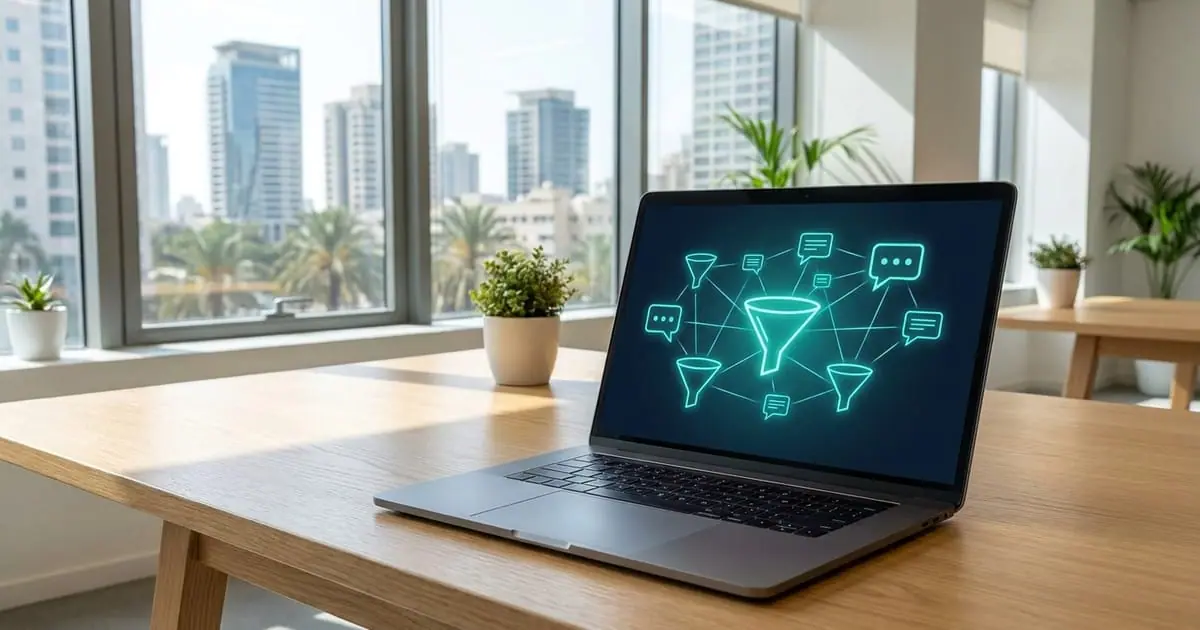 A laptop showing sales funnel stages linked to teal chat windows