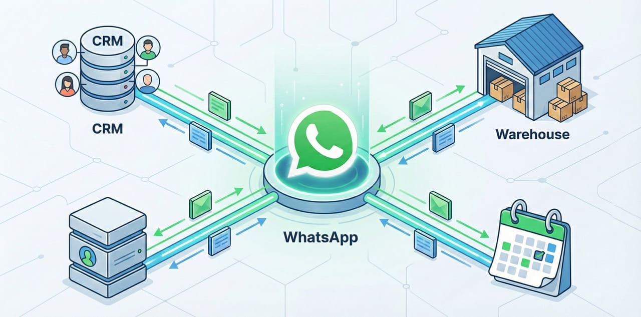 אילוסטרציה של צ'אט בוט וואטסאפ חכם המבצע אינטגרציה בזמן אמת עם מערכות CRM, ניהול מלאי ויומנים עסקיים