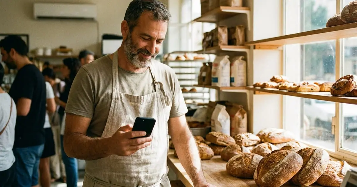בעל עסק עם סמארטפון פתוח ולצידו מסך CRM במשרד מודרני