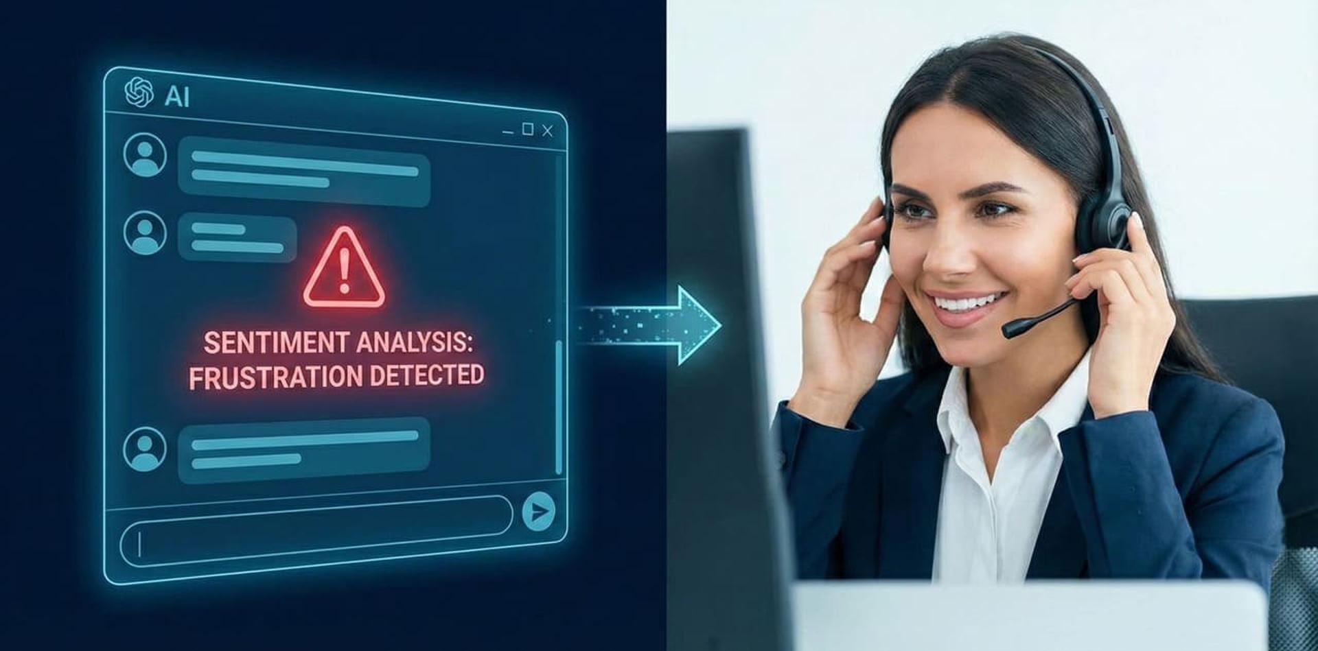 המחשה ויזואלית של שיתוף פעולה בין סוכן AI חכם לנציג אנושי: ה-AI מזהה פנייה דחופה ומעביר אותה לטיפול אנושי מיידי לשיפור חווית השירות