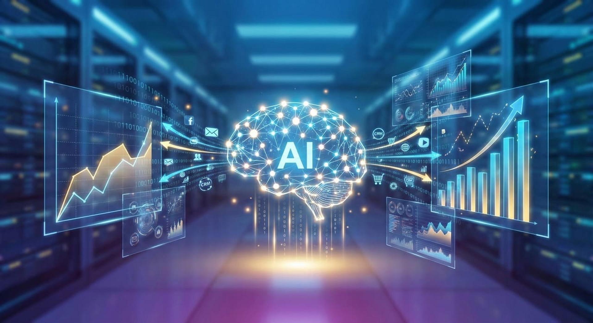 אוטומציה שיווקית מבוססת AI עם גרפים ונתונים דיגיטליים