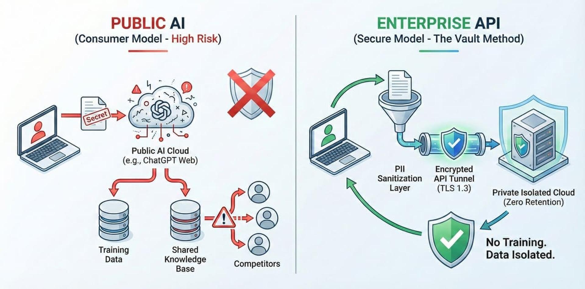 דיאגרמה טכנית המציגה את זרימת המידע המאובטחת דרך API מוצפן לעומת שימוש ציבורי ב-ChatGPT